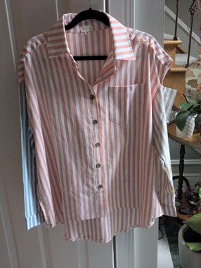 POL Striped Button-Down Shirt in Peach, White & Blue